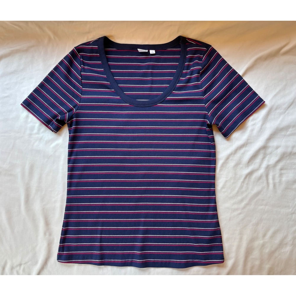 Gap Womens Navy Red White Striped Ribbed Scoop Neck Short Sleeve T-Shirt Large